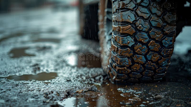 Close-up of a muddy tire on wet ground. stock photography