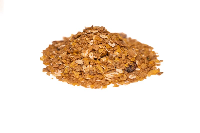 Close up of Muesli dry fruits, nut, oats, and seeds on white background