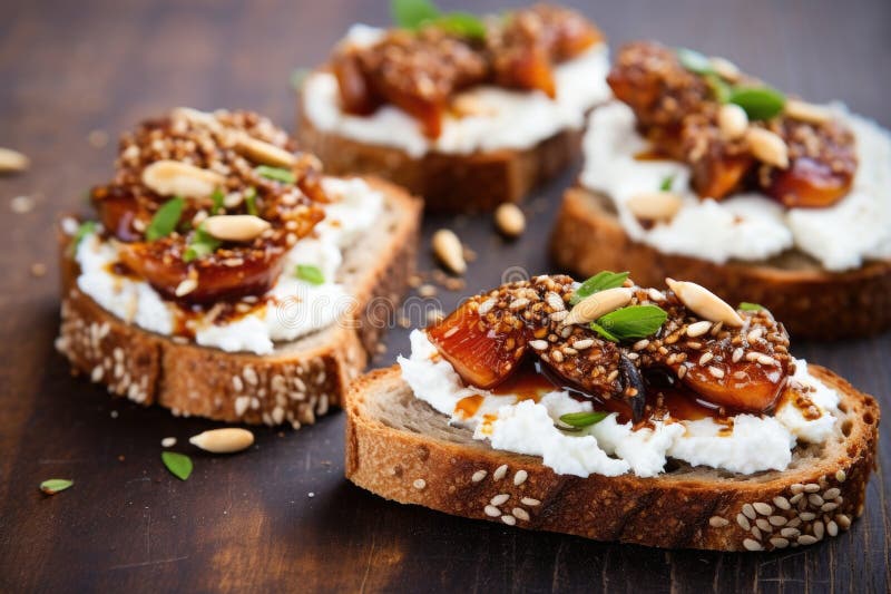 Closeup of Multigrain Bruschetta with Ricotta and Fig Slices Stock