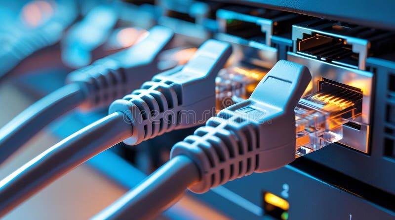 Close up of multiple Ethernet cables plugged into a network switch. royalty free stock image