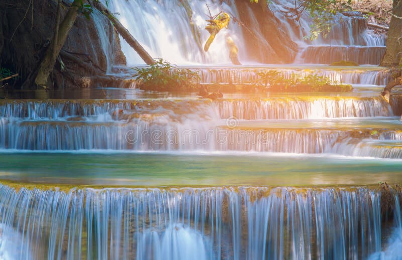 Close up multiple layers waterfall in tropical deep forest royalty free stock photos