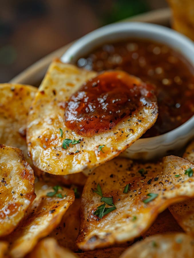 Close-up of nachos with salsa dip. royalty free stock images