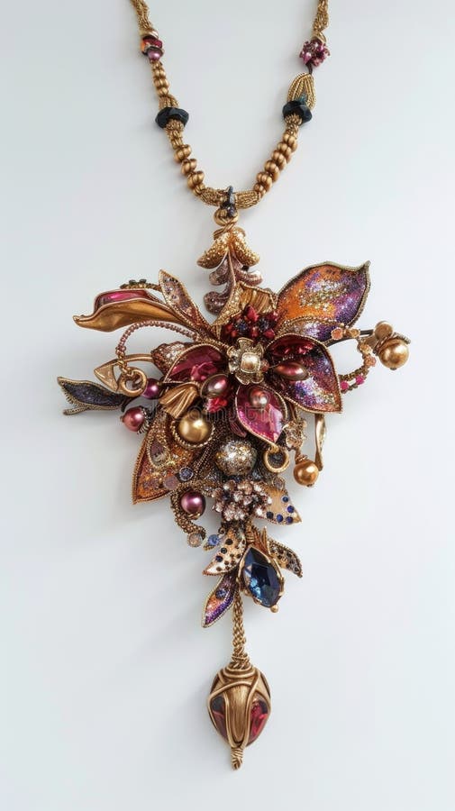 A close up of a necklace with a flower and beads.