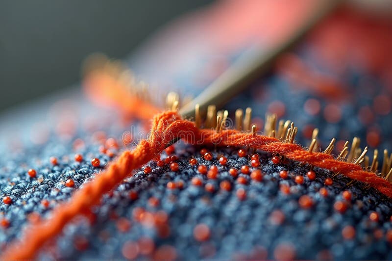 Close-up of needlework with orange thread and textured blue fabric royalty free illustration