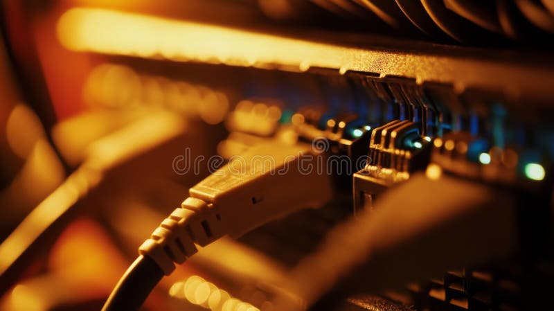 Close-up of network cables connected to a server with orange glow stock photo