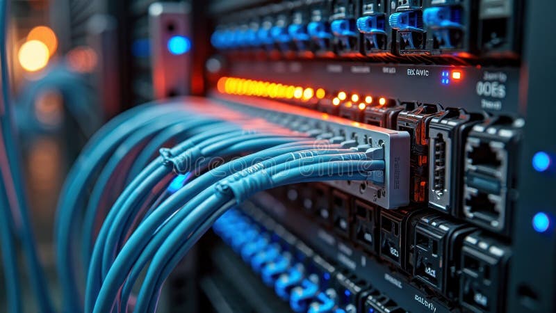 Close-up of network server with ethernet cables and led indicators stock photography