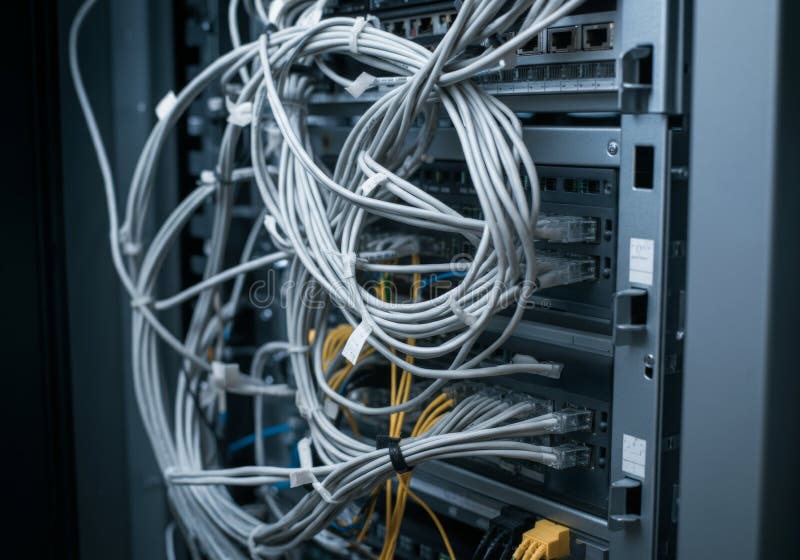 Close-up of network server rack with tangled ethernet cables and connectors royalty free stock images