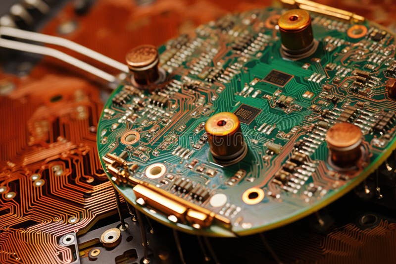 Close-up of neuroprosthetic chip on circuit board vector illustration