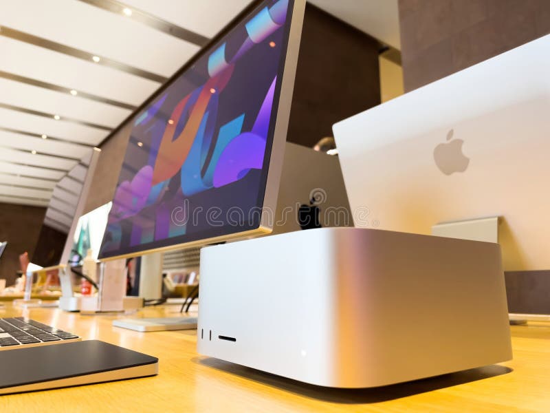Closeup of New Apple Computers Mac Studio M1 Ultra with Studio Display