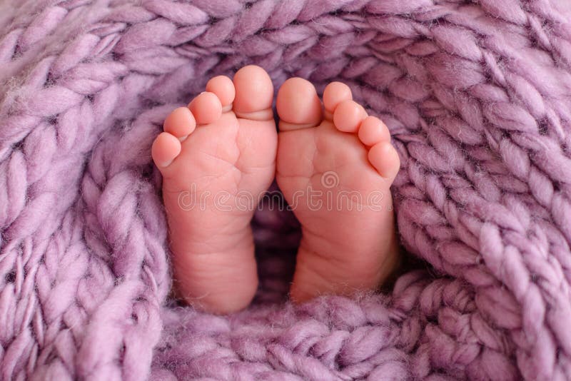 Close up of newborn baby feet covered with the blanket