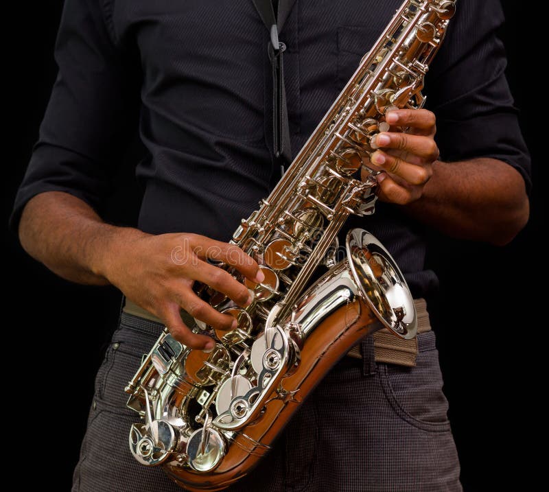 Close Up of Nice Saxophone, Silver One with Someone Touching it Stock