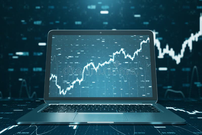 Close up of notebook computer with creative forex chart. Trade, finance, technology and communication concept. vector illustration
