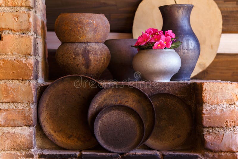 Close Up of Old Pots and Pans Stock Photo Image of kitchen, clay