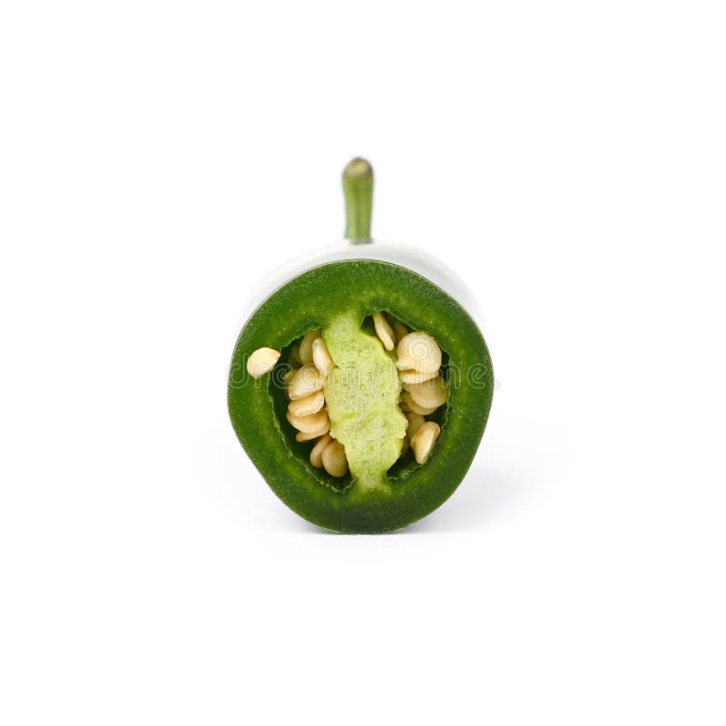 Close up one cut green jalapeno pepper isolated