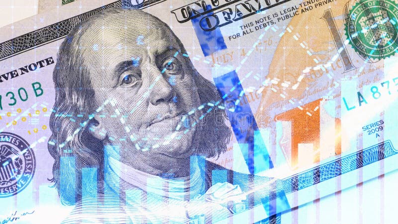 Close-up of one hundred US dollar bills. Financial chart of profit indicators. The American national currency. 100 dollars.