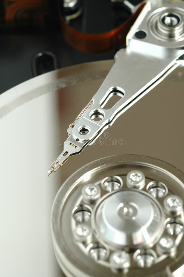 Close up of opened hard disk drive