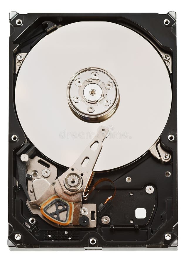 Close-up opened hard disk drive stock image