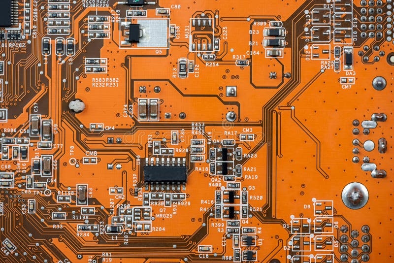 Close Up of Orange Circuit Board, Motherboard Technology Background