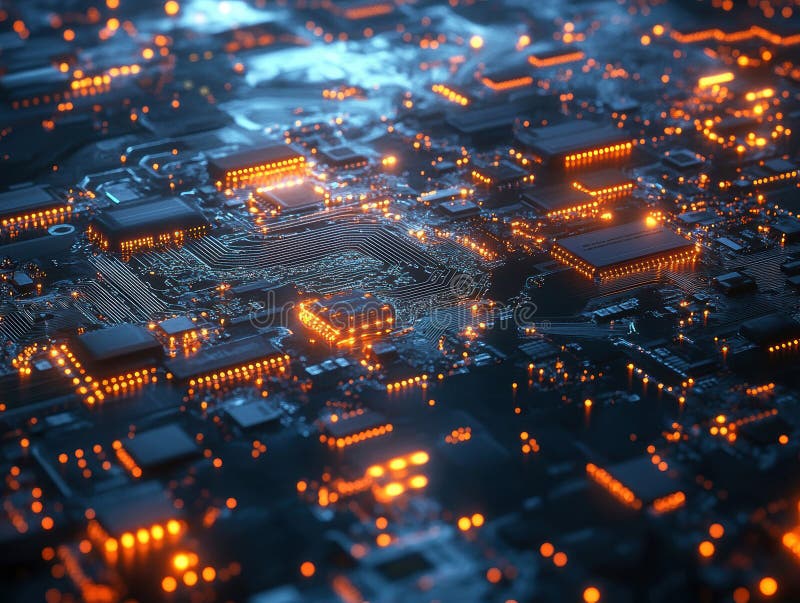 Close-up of an orange-lit circuit board with intricate electronic components resembling veins or roots Main functional units stock photography