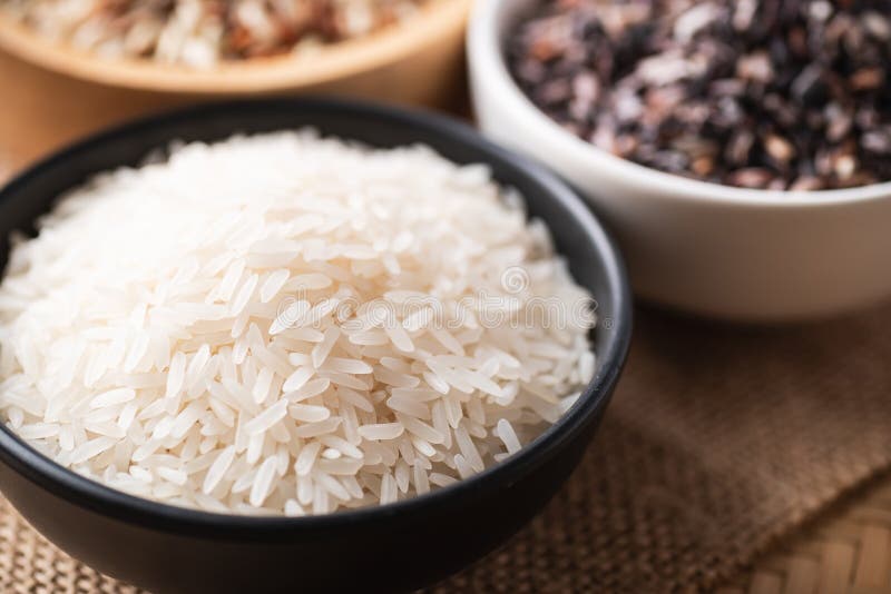 Organic Thai Jasmine Rice Grain in a Black Bowl Stock Photo Image of