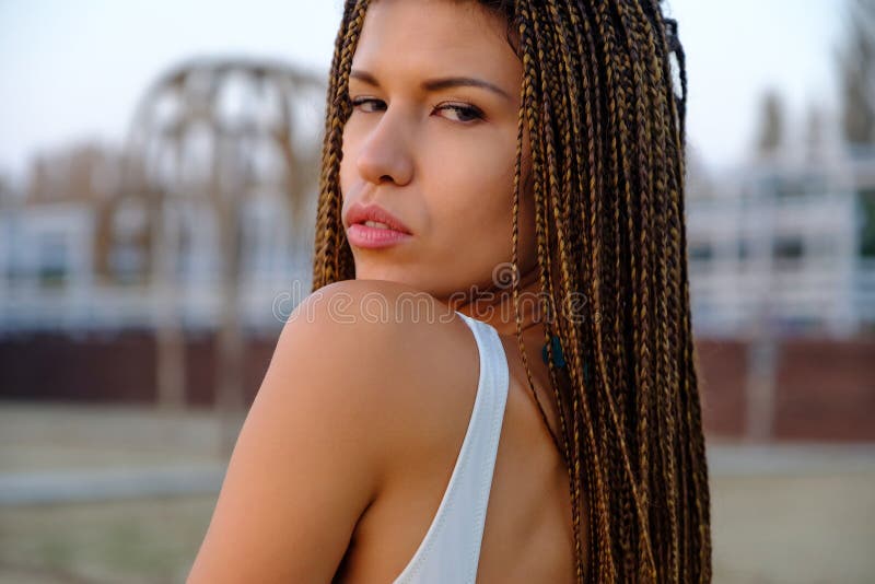 Portrait Of Attractive Asian Model Girl With Braided Hairstyle Stock