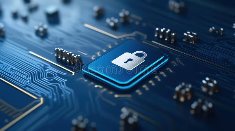 Data protection, a padlock securing circuit board symbolizing cybersecurity and digital privacy. Close-up of a padlock securing a circuit board, emphasizing data security ,Generative ai