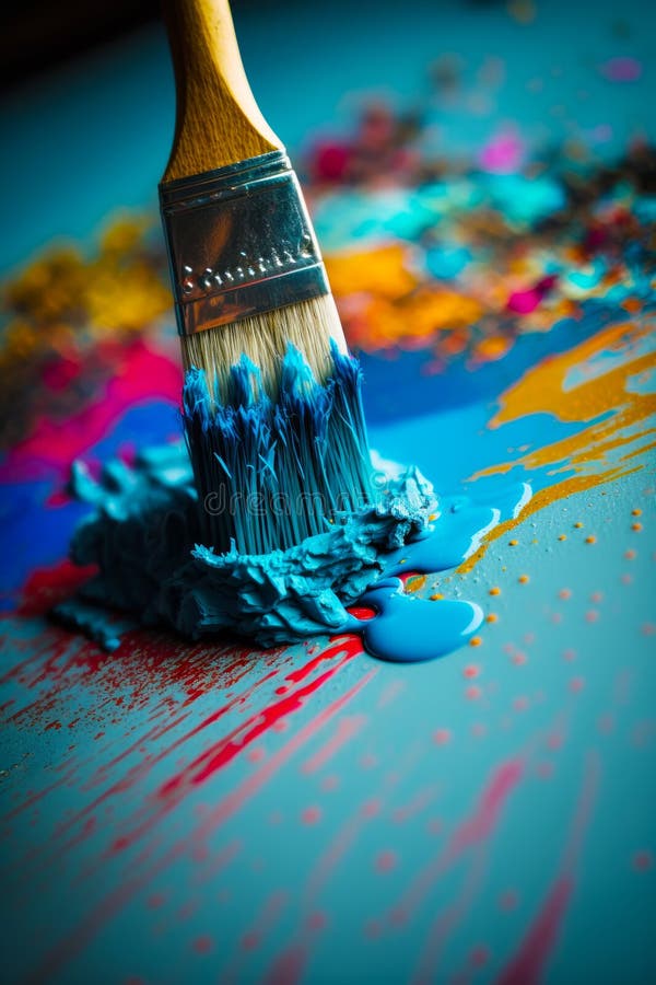 Close Up of Paintbrush with Blue and Red Paint on it. Generative AI