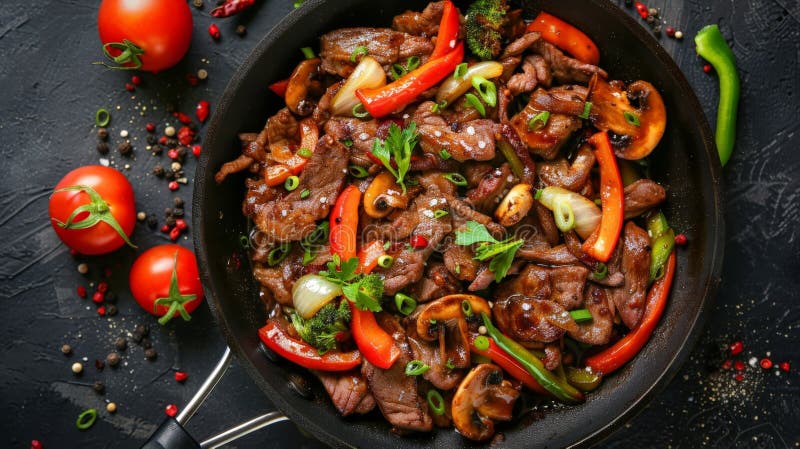 Close-up of a pan with assorted meat and vegetables royalty free stock image