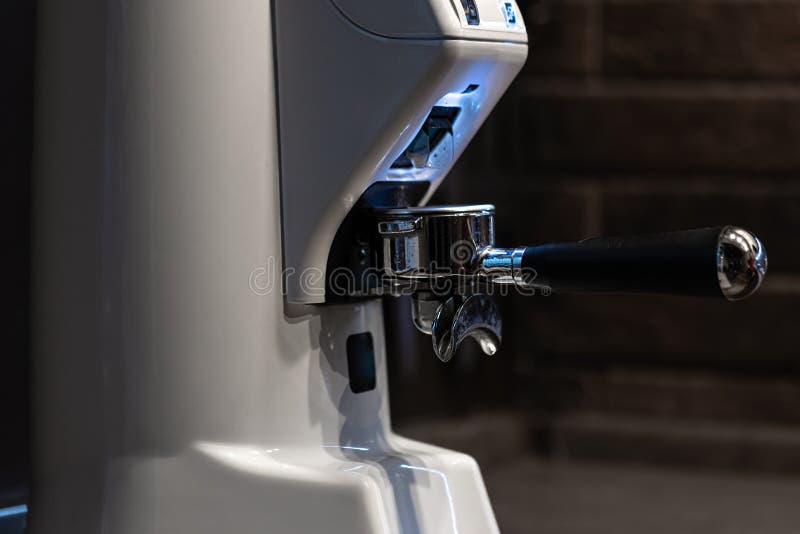 Closeup Part of a Coffee Machine, a Holder for Coffee. Stock Photo