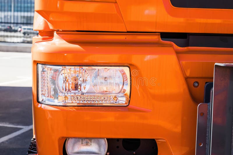 Closeup Part of Orange Truck Front Headlight Stock Image Image of