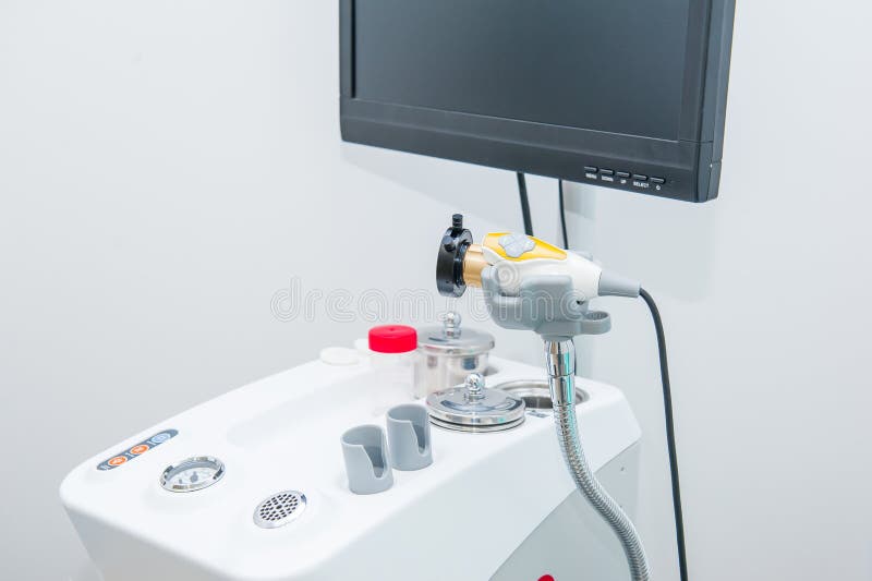 Close Up Part of Professional EVO ENT Medical Devices Workstation. Ear ...