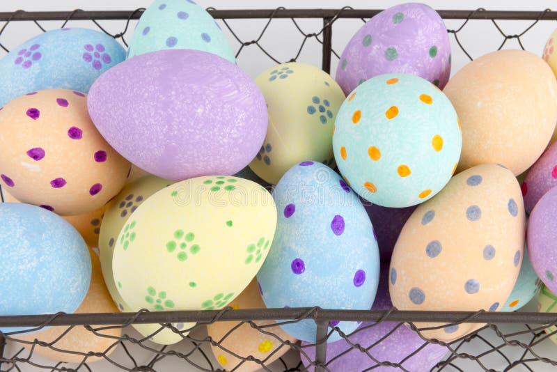 Pastel Colored Chicken Eggs In An Easter Basket. Stock Image Image of