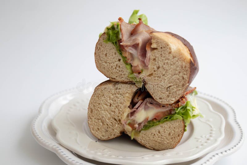 Close Up Pastrami Sandwich , Laugen Bread Stock Photo - Image of plate ...