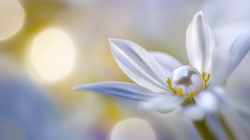 Close-up of a pearl nestled in a delicate white flower, soft background bokeh stock photo