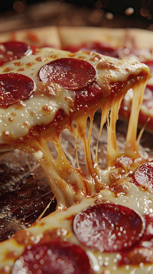 Close-up of a pepperoni pizza slice with melted cheese royalty free stock image
