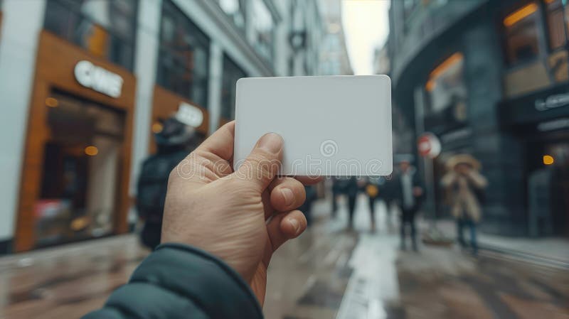 închiderea unei persoane care afișează o carte de credit goală cu o clădire în fundal stock image