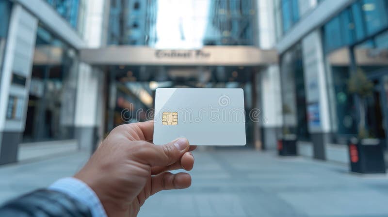 închiderea unei persoane care afișează o carte de credit goală cu o clădire în fundal royalty free stock photography