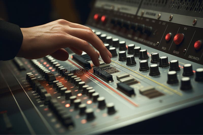 Close up of person hand on sound mixing console, buttons on audio mixer, AI Generative. AI generated