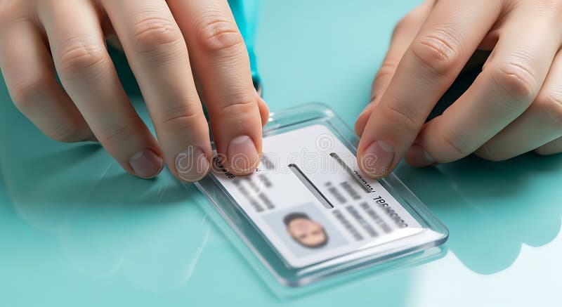 Close-up of a person handling an identification card in a transparent case for security verification stock illustration