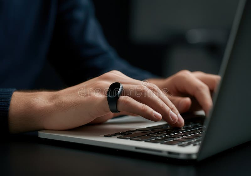Close-up of person typing on laptop with smart ring stock illustration