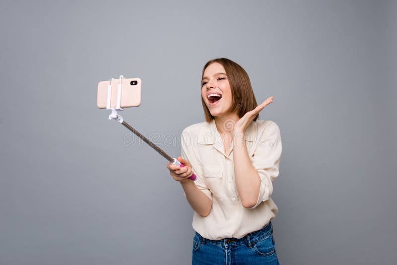 Close up photo amazing beautiful she her lady hold hands arms metal telephone stick overjoyed crazy funky funny speak royalty free stock images Close up photo amazing beautiful she her lady hold hands arms metal telephone stick overjoyed crazy funky funny speak royalty free stock images