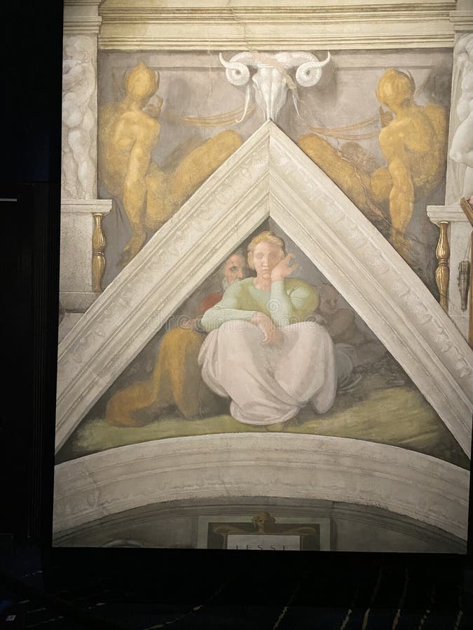 Jan 18, 2022, AUCKLAND, NEW ZEALAND: Close-up photo of Ancestors Of Christ-David and Saloman ceiling fresco painting by Michelangelo in the Sistine Chapel during the Michelangelo exhibition. Jan 18, 2022, AUCKLAND, NEW ZEALAND: Close-up photo of Ancestors Of Christ-David and Saloman ceiling fresco painting by Michelangelo in the Sistine Chapel during the Michelangelo exhibition