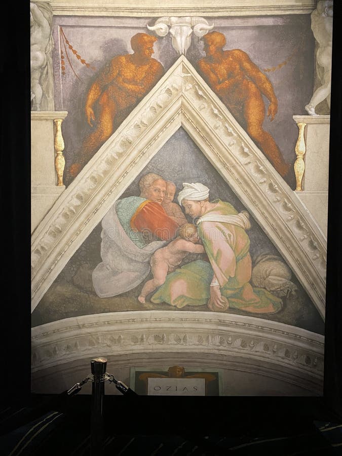 Jan 18, 2022, AUCKLAND, NEW ZEALAND: Close-up photo of Ancestors Of Christ-Ozias Ioatham Achaz ceiling fresco painting by Michelangelo in the Sistine Chapel during the Michelangelo exhibition. Jan 18, 2022, AUCKLAND, NEW ZEALAND: Close-up photo of Ancestors Of Christ-Ozias Ioatham Achaz ceiling fresco painting by Michelangelo in the Sistine Chapel during the Michelangelo exhibition