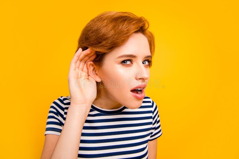 Close up photo beautiful amazing she her lady hand arm raised to ear listening romours chatterbox bad person wearing royalty free stock images Close up photo beautiful amazing she her lady hand arm raised to ear listening romours chatterbox bad person wearing royalty free stock images