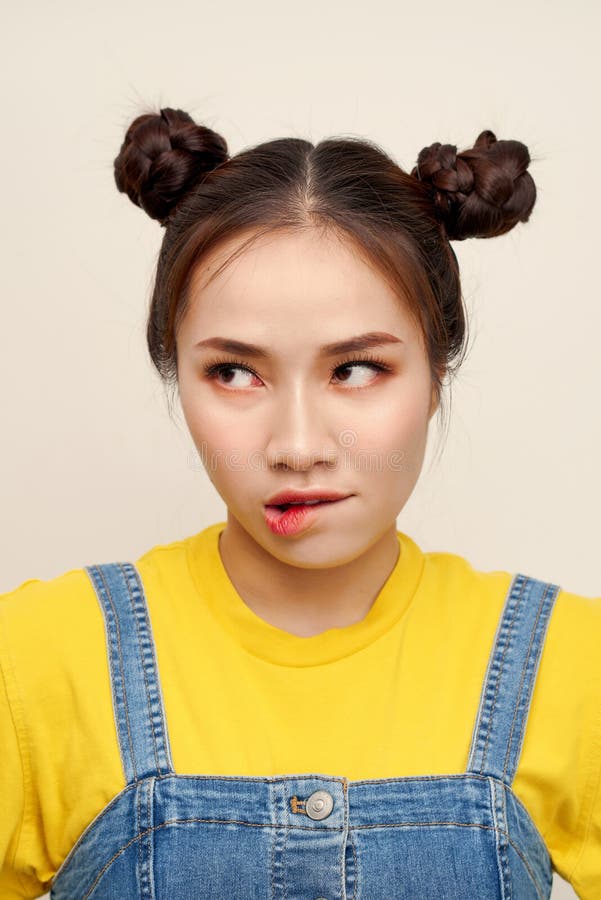 Close Up Photo Beautiful Amazing she Her Lady Two Hair Buns Bite Lip Oh No  Sorry Guilty Despair Expression Wear a Jeans Dungaree Stock Image - Image  of adult, close: 155503797