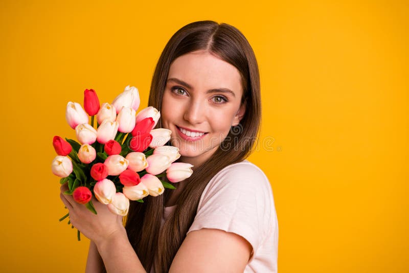 Close up photo beautiful amazing her she lady very long hairstyle hands fresh flowers white red tulips surprise holiday royalty free stock photography Close up photo beautiful amazing her she lady very long hairstyle hands fresh flowers white red tulips surprise holiday royalty free stock photography