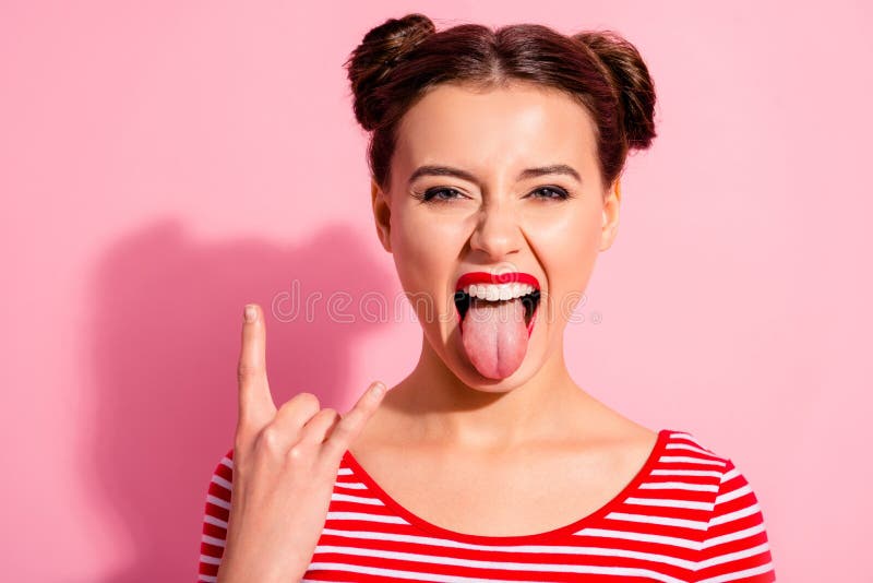 Close Up Photo Beautiful Carefree She Her Lady Pretty Hairdo Two Buns Bright Red Pomade Big Lips 