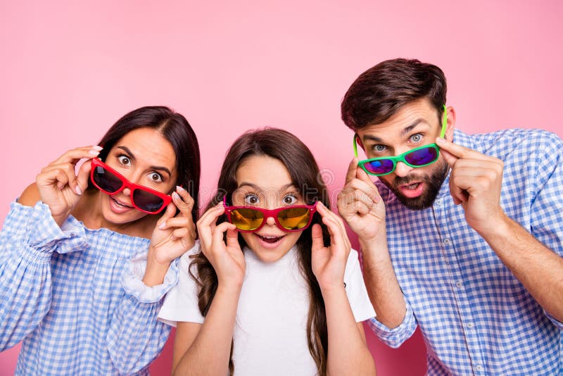 Close up photo of beautiful mom dad girl with brunette curly hair touch their eyewear eyeglasses wear plaid shirt royalty free stock photos Close up photo of beautiful mom dad girl with brunette curly hair touch their eyewear eyeglasses wear plaid shirt royalty free stock photos
