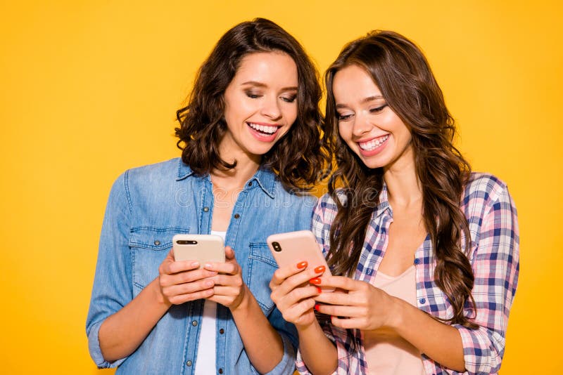 Close up photo charming fellows fellowship use device smm free time positive cheerful enjoy text type read news royalty free stock photography