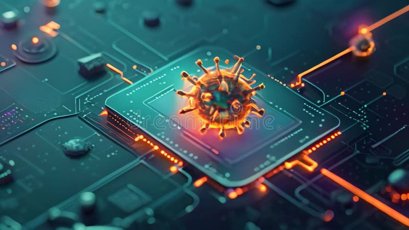 A close-up photo of a computer chip adorned with a corona symbol, showcasing the integration of technology and symbolism, A visual royalty free illustration